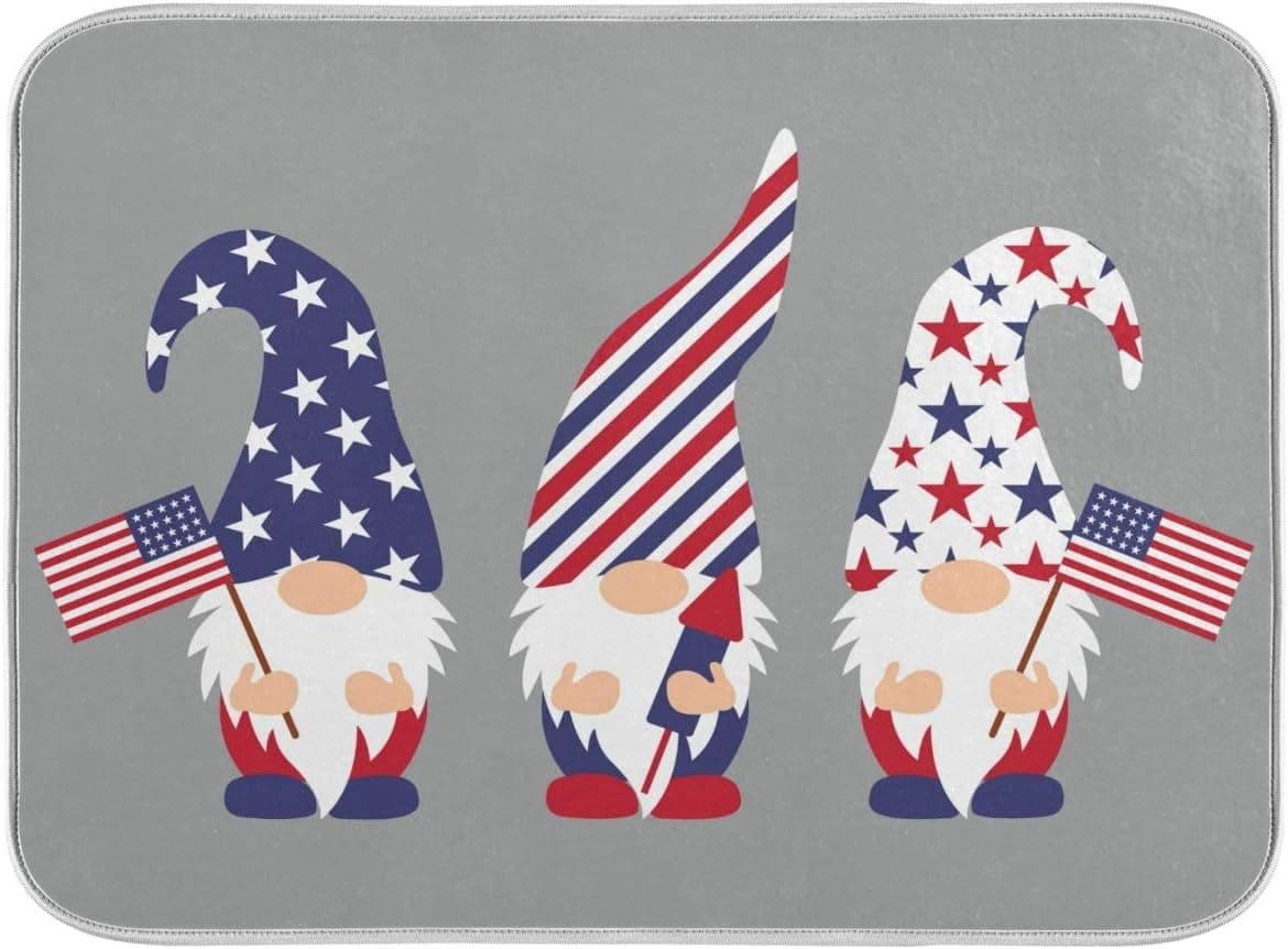 American Gnomes Flag Microfiber Dish Drying Mat 16x18 for Kitchen Counter Memorial Independence Day 4th of July Dishes Pad Dish Drainer Rack Mats Absorbent Fast Dry Dish Draining Mat Medium