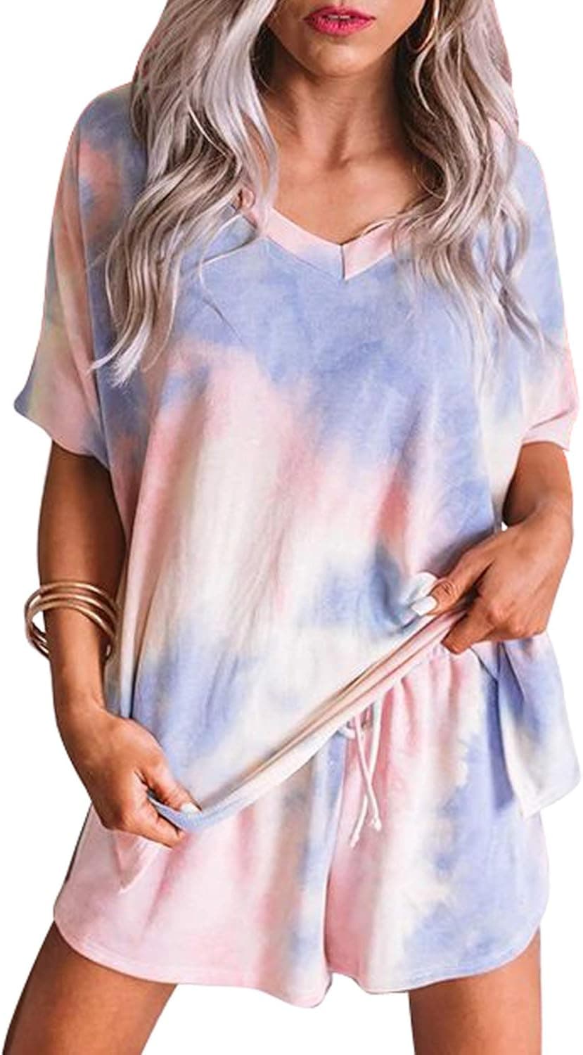 Blibea Womens Tie Dye Printed Tee and Shorts Pajamas Set Short Sleeve Sleepwear Pjs Sets Loungewear