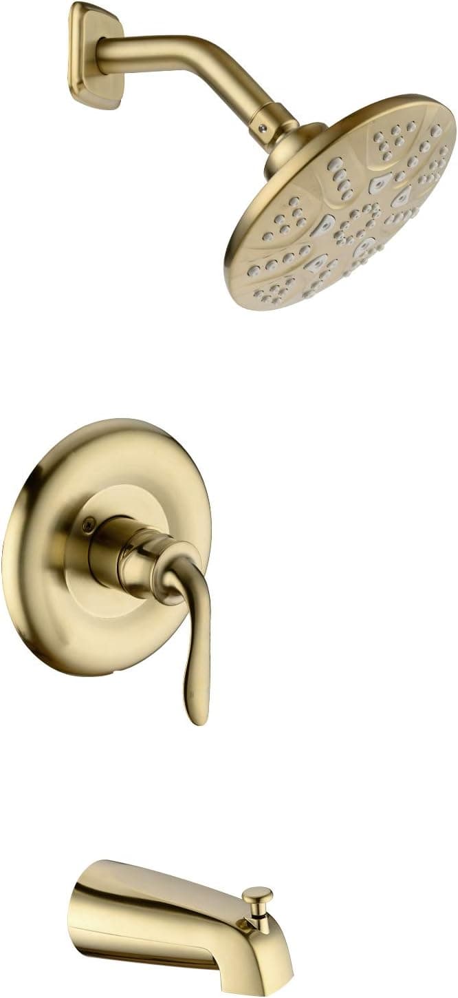 Brushed Gold Tub and Shower Faucet Set, Pressure Balancing Modern Bathtub Spout and 5-Spray Shower Head, Concealed Rough-in Valve with Trim Included