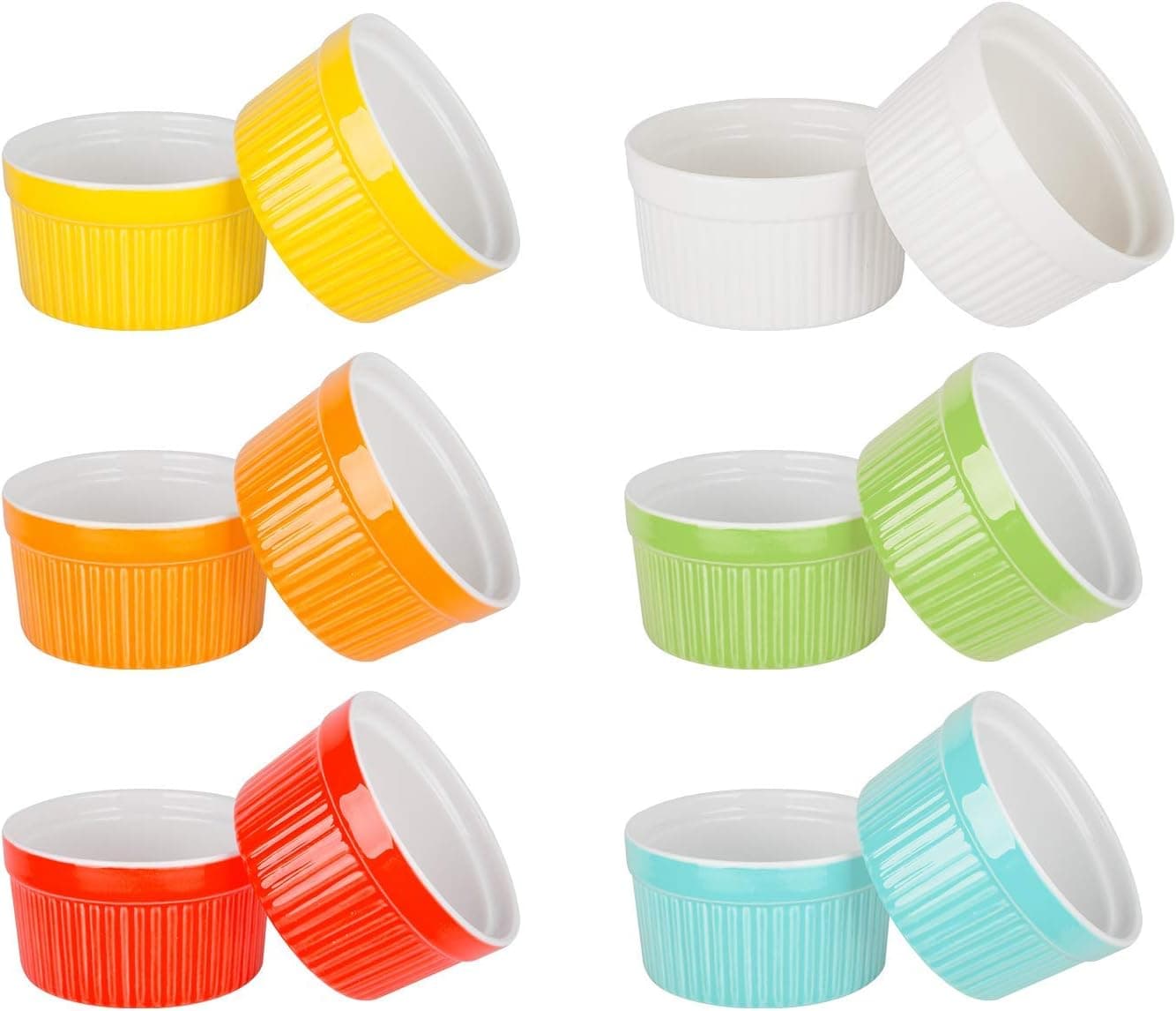 6 Ounce Porcelain Souffle Dishes, Ramekins For Baking, Creme Brulee Dishes, Ceramic Pudding Cup For Jams, Ice Cream and Desserts, Six Colours, Set of 12