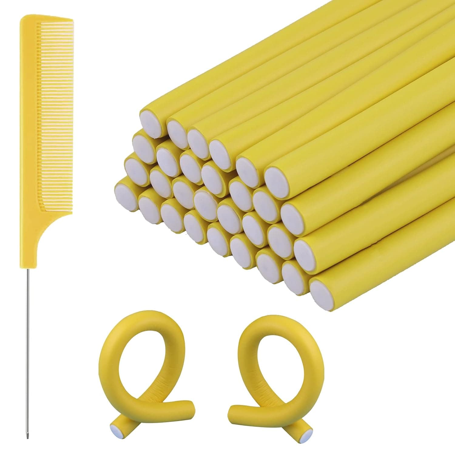 30 Pieces Flexible Curling Rods Twist Foam Hair Rollers Soft Foam No Heat Hair Rods Rollers and Steel Pintail Comb for Women Girls Long and Short Hair (9.45 x 0.55Inch,Yellow)