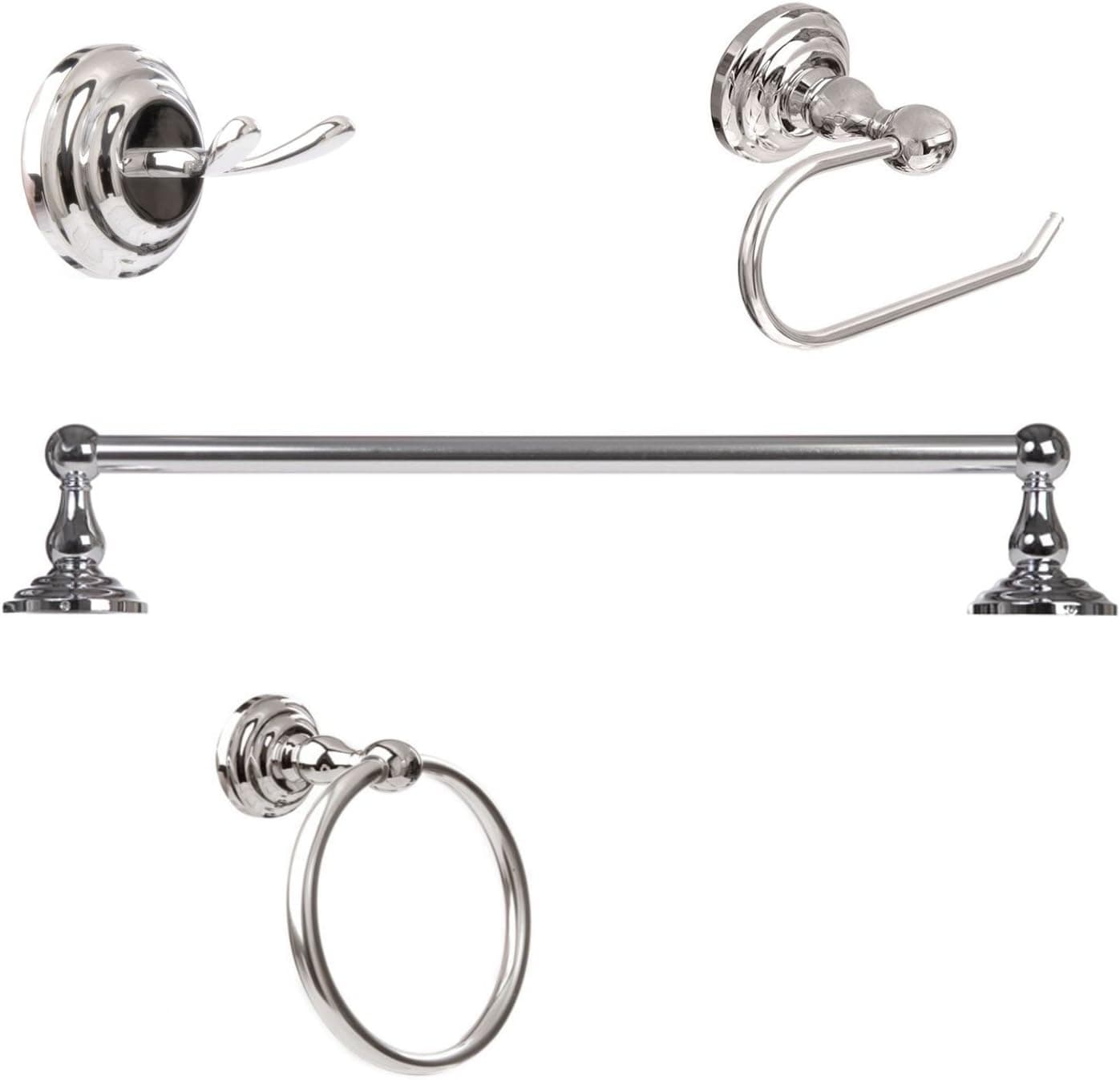 Colester Direct 4 Piece Bathroom Hardware Accessory Set with Euro Toilet Paper Holder and 24" Towel Bar (Polished Chrome)