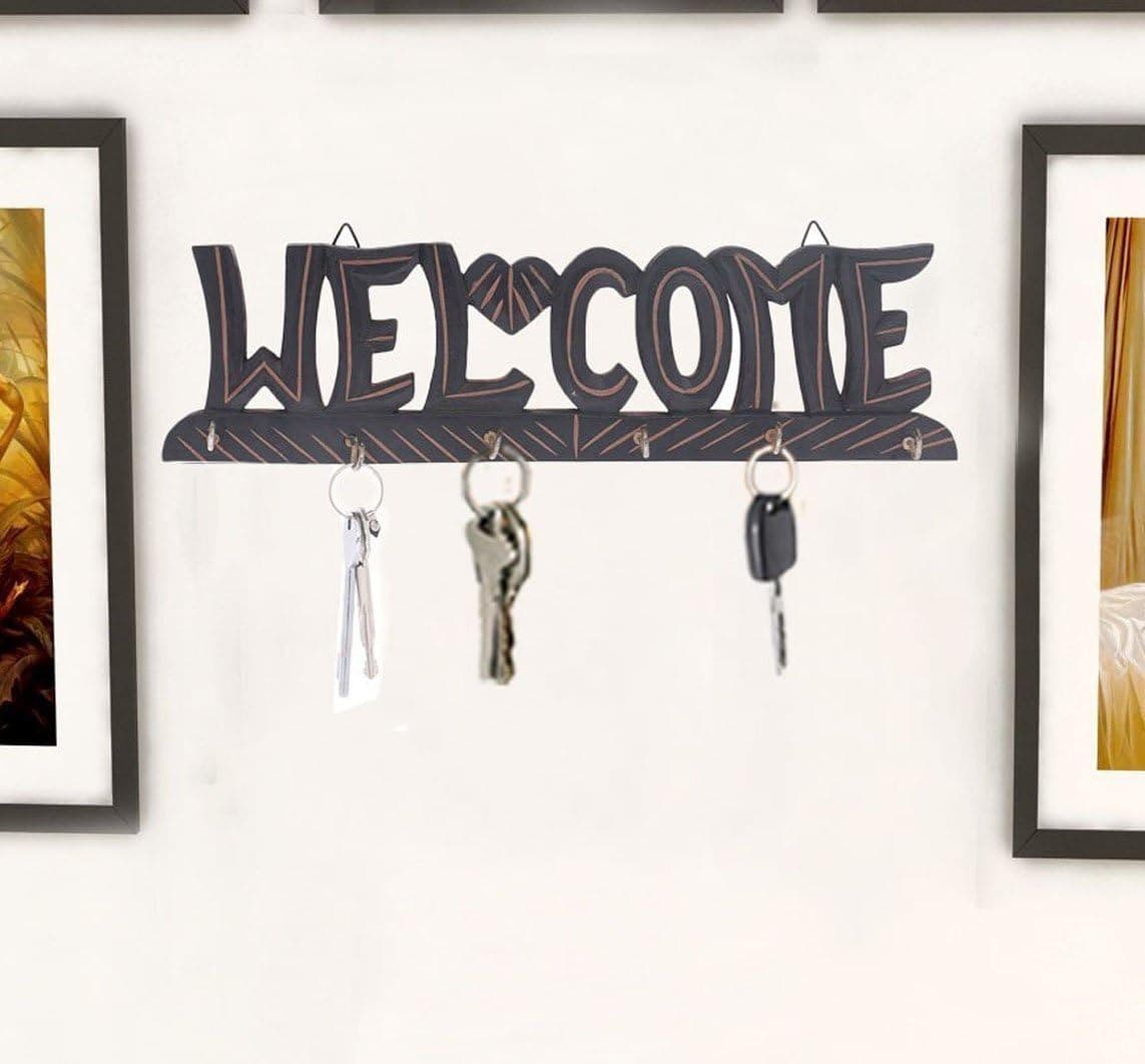 Wooden "WELCOME" Key Holder, Key Hanger with 6 Hooks, Black Color Hanging, wall key hanger, Key Organizer, Wall Mounted Key Holders, Length - 11 Inch