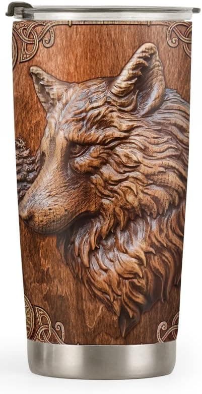 64HYDRO 20oz Wolf Gifts for Men, Dad, Son, Husband, Valentines Day Gifts for Him, Her, Unique Birthday Gifts Printed Wooden Style Wolf Tumbler Cup, Travel Coffee Mug with Lid