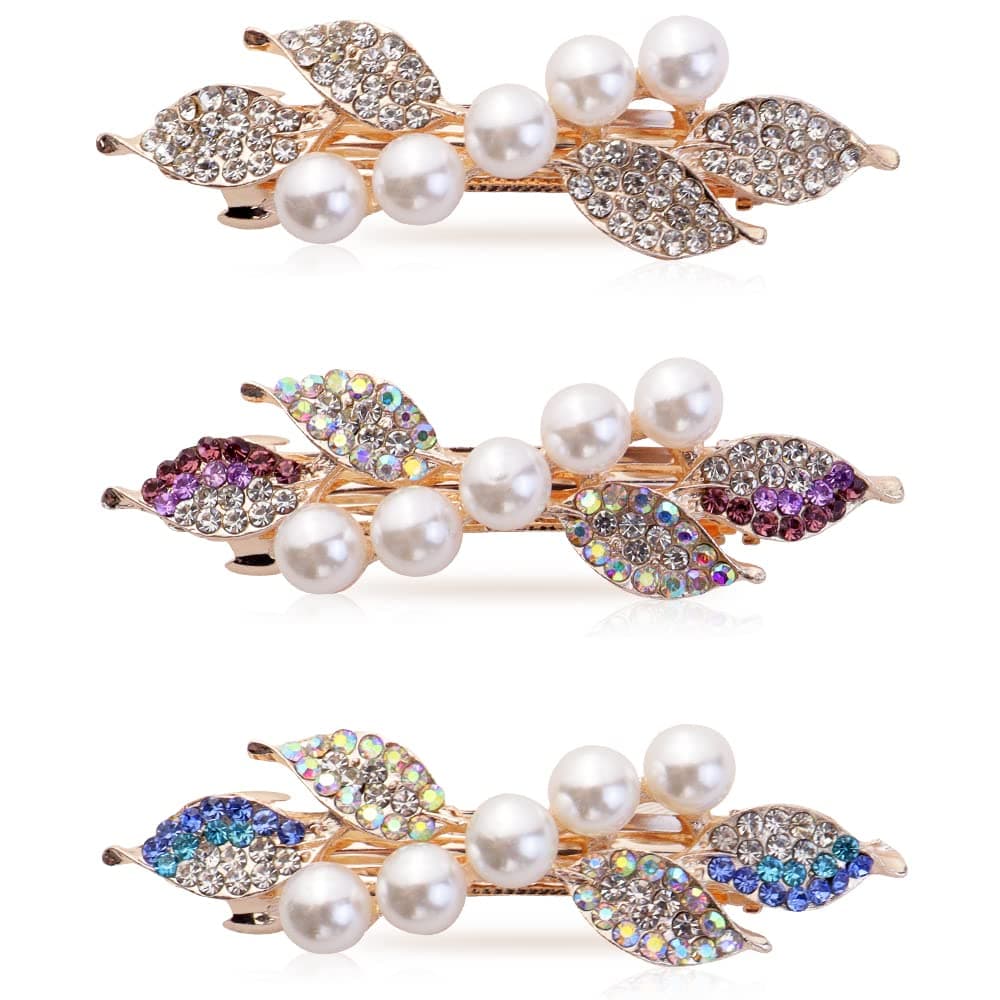 QMSILR 3 Pcs Elegant Hairpins With Pearl and Crystal Alloy Rhinestone Glitter Hair Barrettes Sparkly Floral Spring French Bridal Hair Clips Leaf Hairpiece Hair Accessories for Girls and Women
