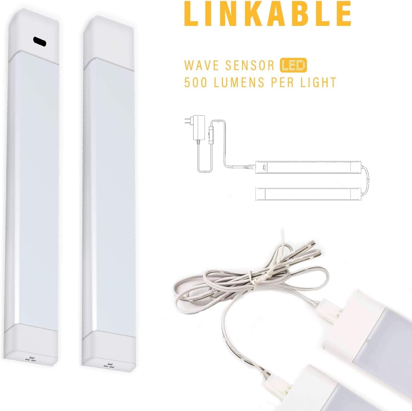 EZ Lighting Under Cabinet Lighting with Motion Sensor.3000K 500lm Linkable LED Light Fixture, Selectable Brightness, Closet Lights, Kitchen Light, Energy Saving (2Packs)