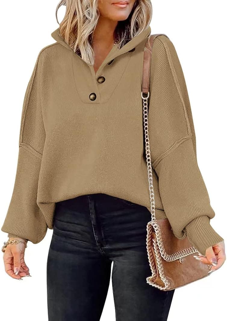 LILUSSORY Women's Long Sleeve Button Up Drop Shoulder Sweaters Fall Oversized Slit Side Knit Pullover Sweater