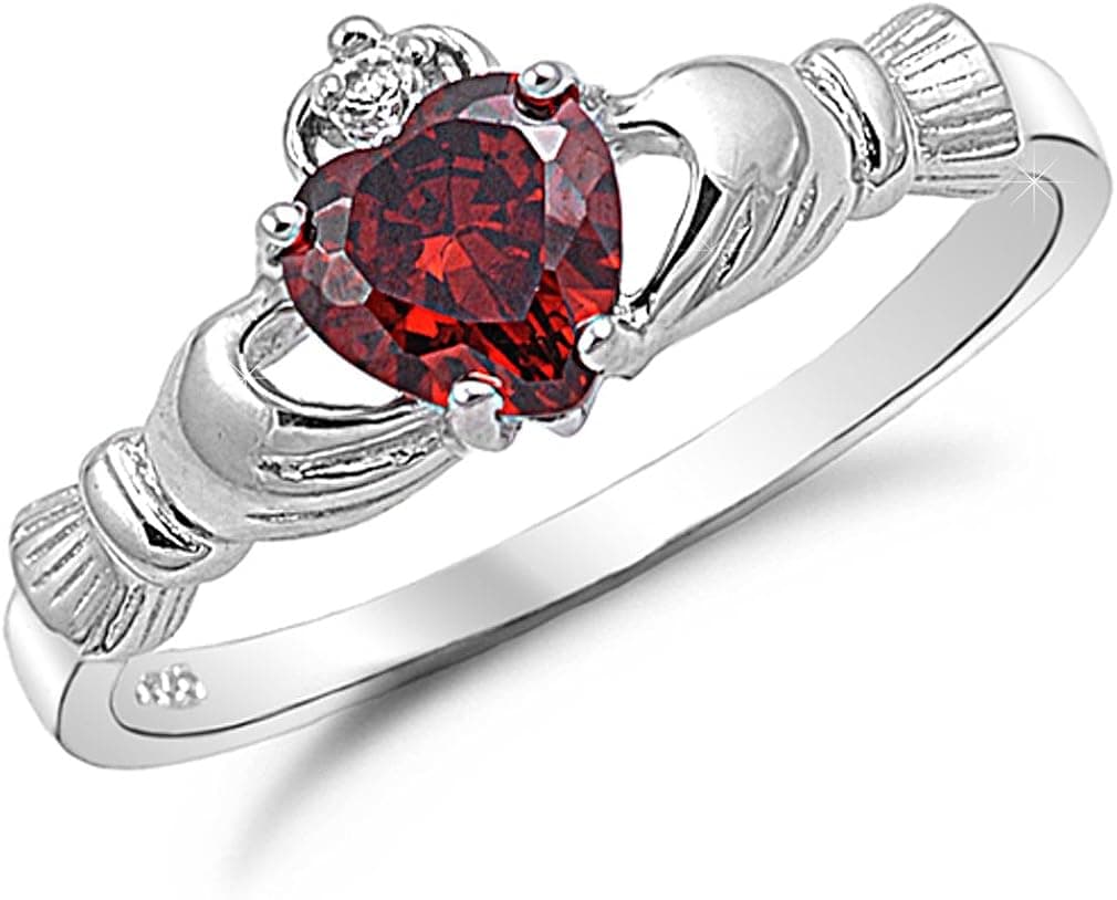 Kriskate & Co. Irish Claddagh Ring .925 Sterling Silver with Simulated Red Garnet Heart Promise Ring