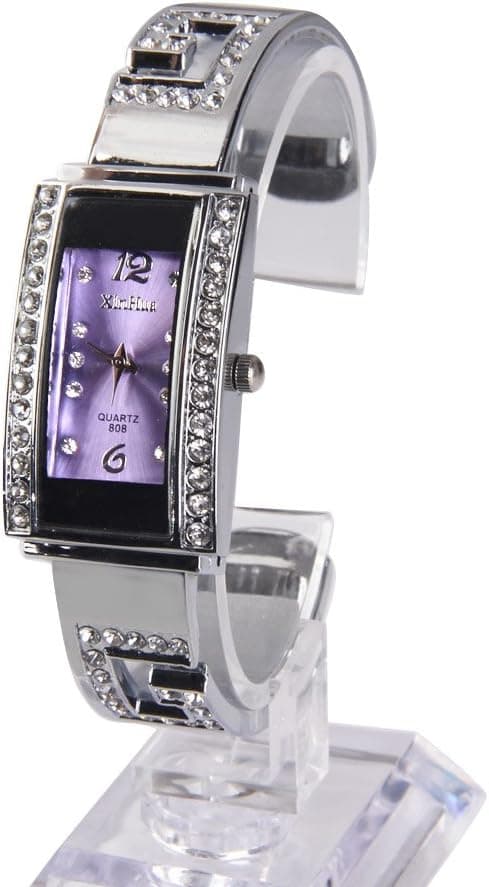 Vktech Lady Bracelet Watch Square Diamond Face Strip Hour Mark with Rectangle Dial (Light Purple)