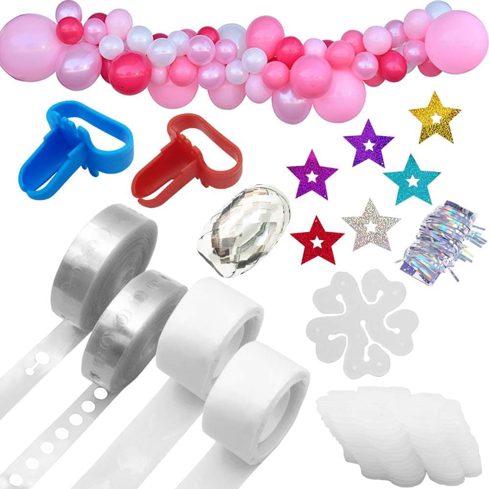Bonropin Balloon Arch Garland Decorating Strip Tape 48Ft, 2 Pcs Tying Tool, 200 Dot Glue, 20 Flower Clip, 50 Pcs sequins stars and 1 Pcs Foil Curtains strips Upgraded Version (Excluding balloons)