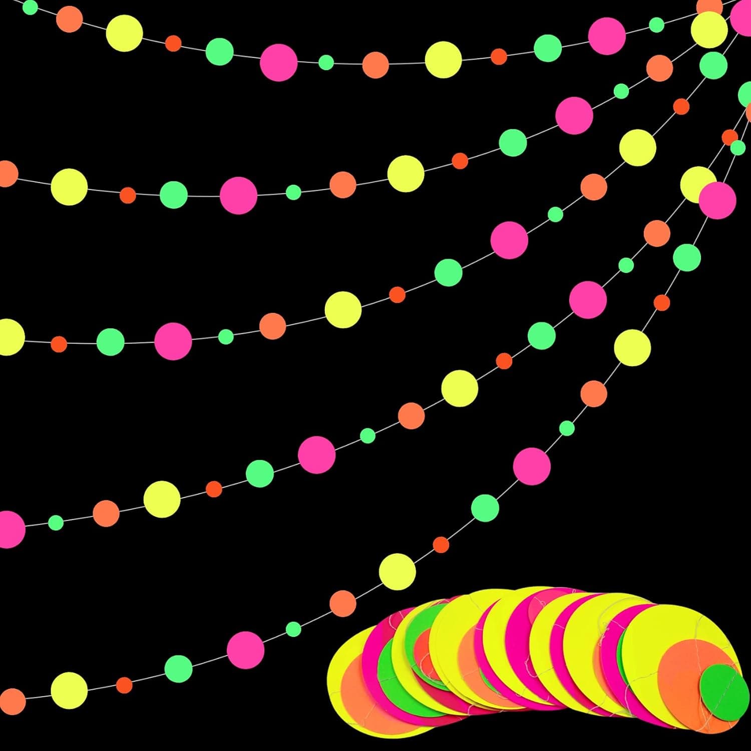 60Ft Round Neon Garland Neon Streamers Neon Party Hanging Decorations Black Light Decorations for Neon Birthday Party Wedding Decoration Black Light Reactive Glow Party