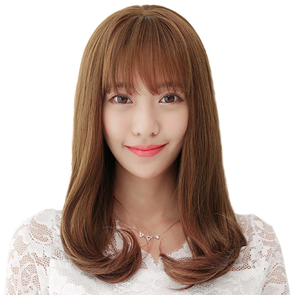 Deifor Women Medium Length Curly Heat Resistant Synthetic Hair Flat Bangs Bob Wig for Daily Use Cosplay (20" Light Brown)
