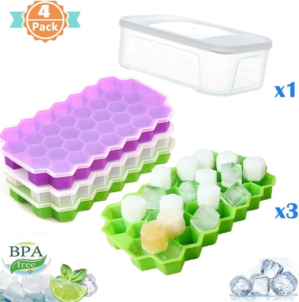 3Pack Honeycomb Ice Cube Tray with Lid + 1Pack Storage Bin-Silicone and Flexible FBA Free ICE Mold -TOTAL 111 CUBE