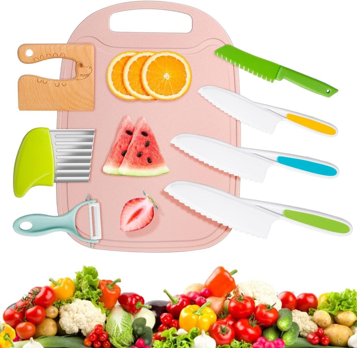 8 Pieces Kids Knife Set, Include 4 Pieces Plastic Knives with Serrated Edges, Crinkle Cutter, Y Peeler, Crocodile Wood Knife and Cutting Board for Fruits, Vegetable, Bread, Cake (#A)