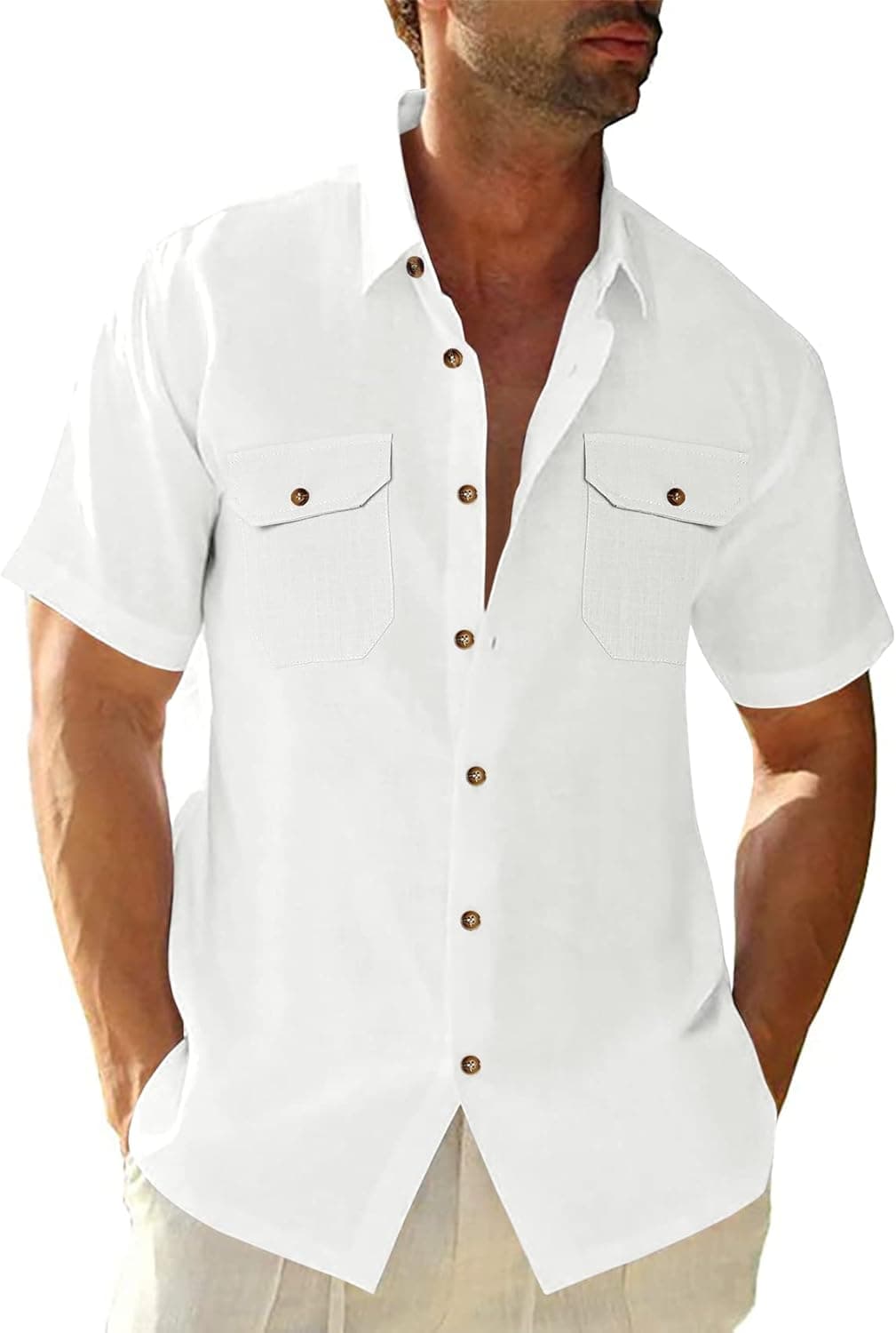 Hestenve Mens Linen Short Sleeve Button Down Shirts Summer Cotton Shirt Lightweight Beach Plain Tops