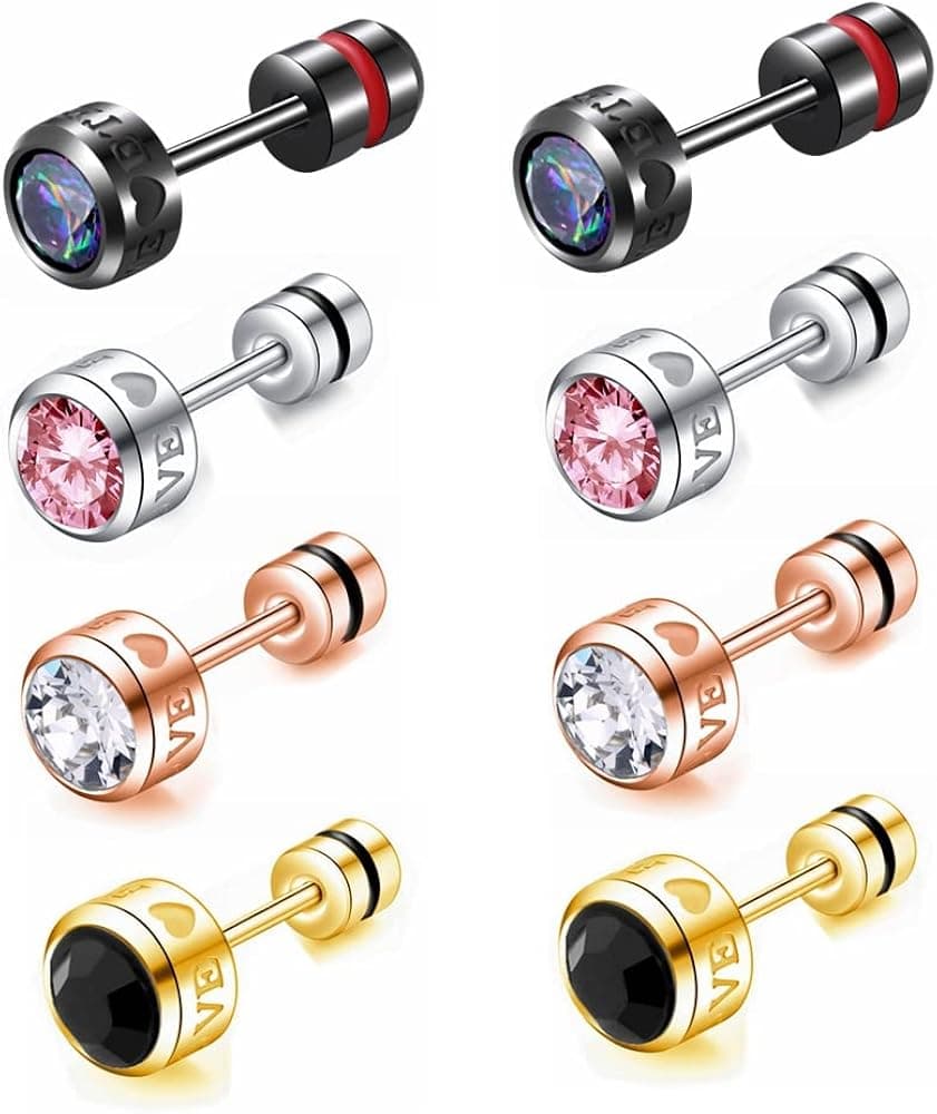 ZQGOFPT 4 Pairs Titanium Screw Back Engraved Eternal Love Studs Sleep Earrings Sets for Women &Men, Hypoallergenic Colorful Barbell Round Cubic Zirconia Stud for Sensitive Ears