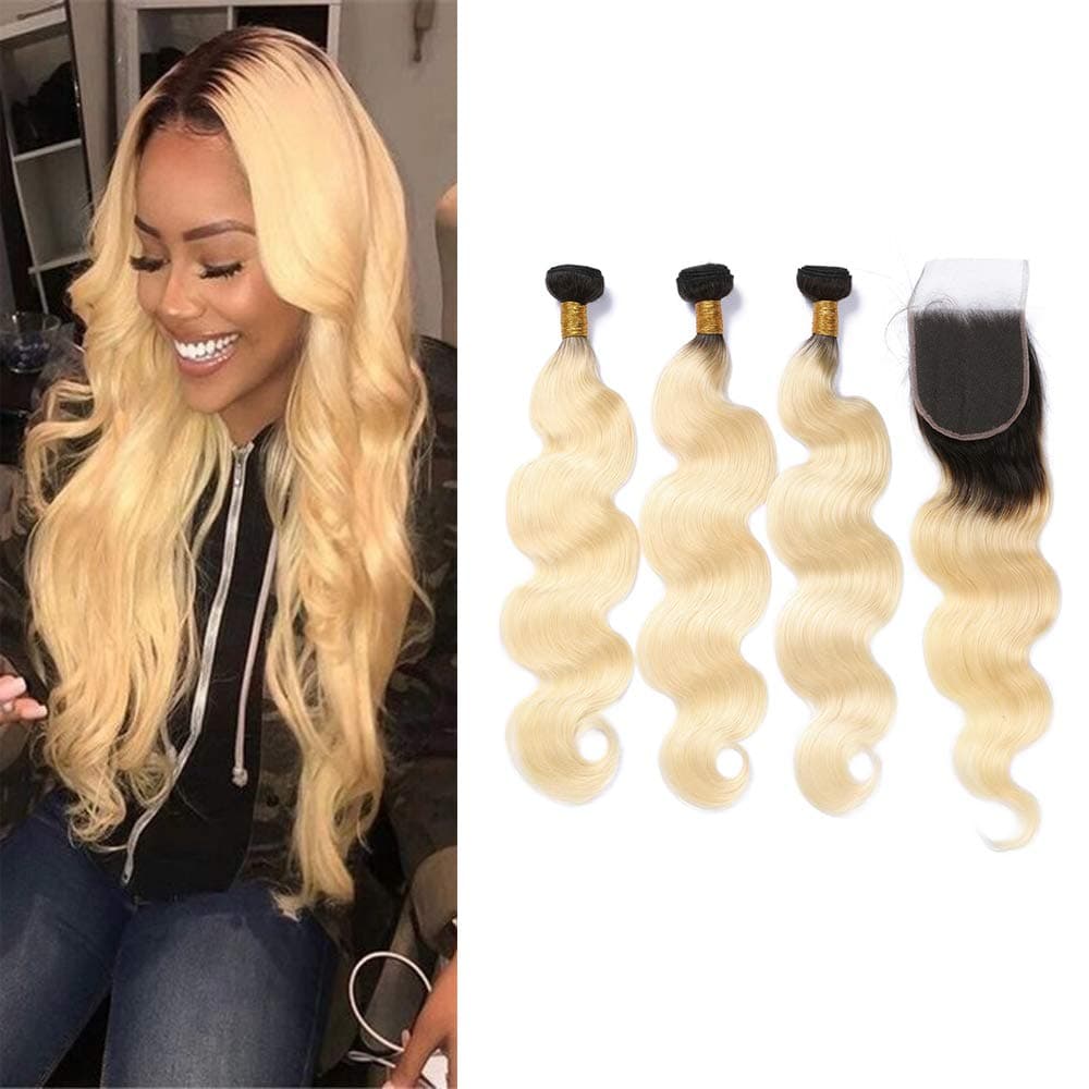 Guanyuwigs 8A Ombre #1B/613 Blonde Body Wave Brazilian Virgin Human Hair Extensions 3 Bundles with Lace Closure 4x4 Free Part (20with22 24 26)