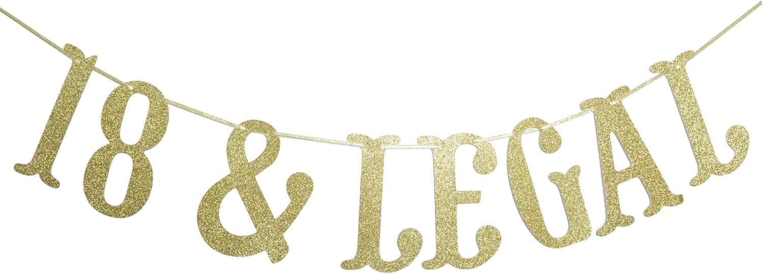 18 & Legal Gold Glitter Garland Banner-Funny Happy 18th Birthday Party Supplies, Ideas and Decorations