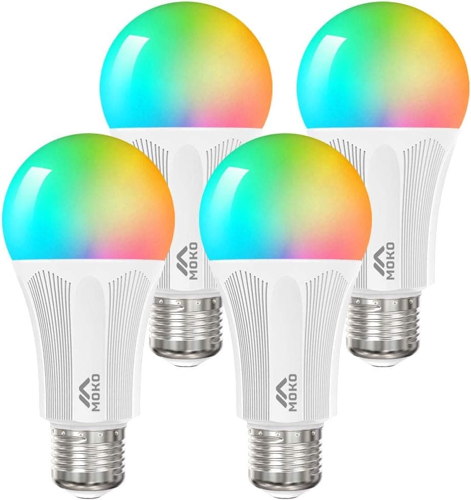 MoKo Smart LED Light Bulb, 4 Pack E26 9W Dimmable Light, RGB Warm White Light, Work with Alexa Echo,Google Home,SmartThings for Voice Control, Remote Control, No Hub, Only 2.4GHz Network, White