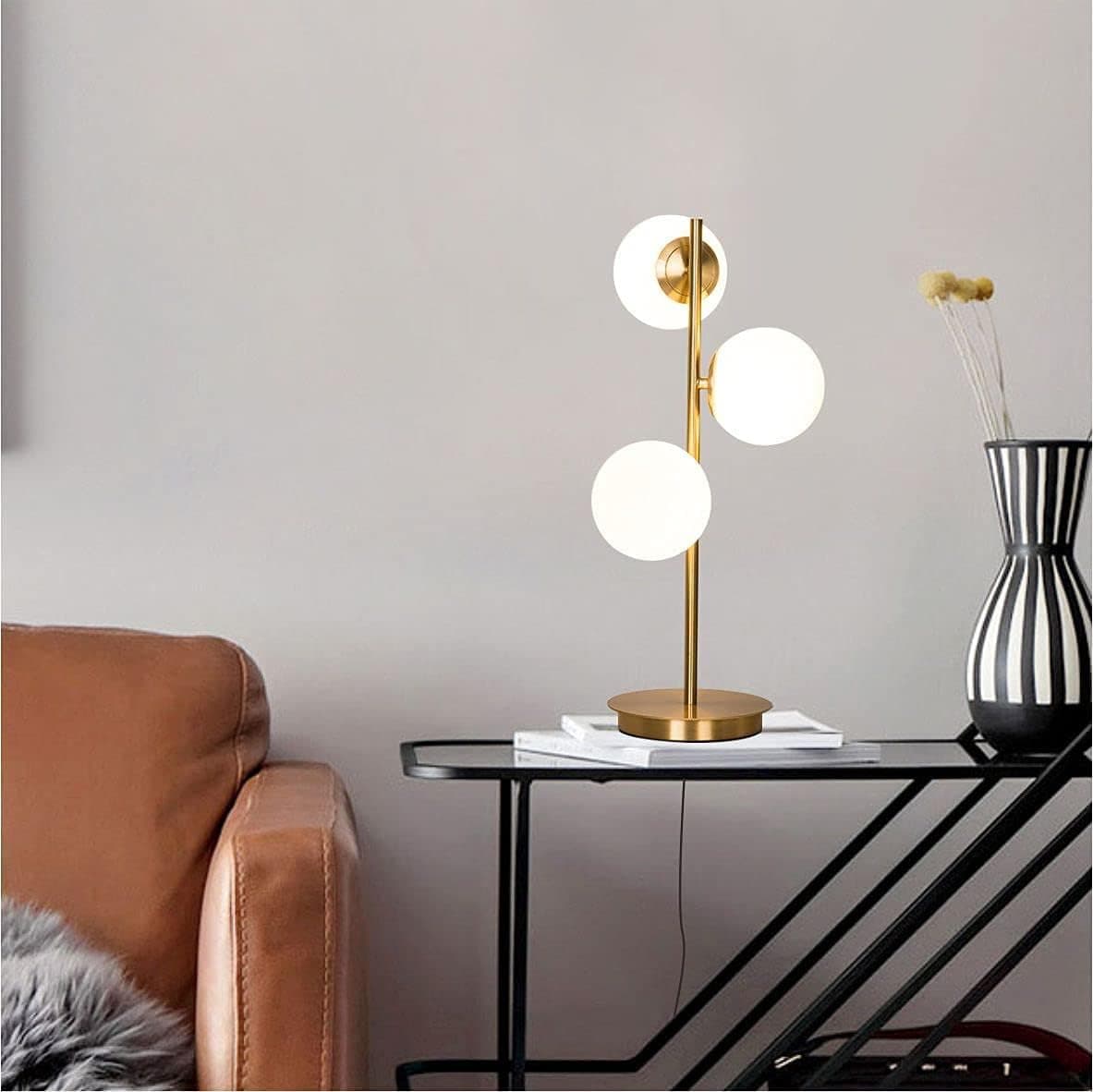 Fulesi Mid Century Globe Table Lamp Modern 3 Lights Gold Desk Lamp Contemporary White Glass Globe Reading Lamp for Bedroom Living Room Study Room