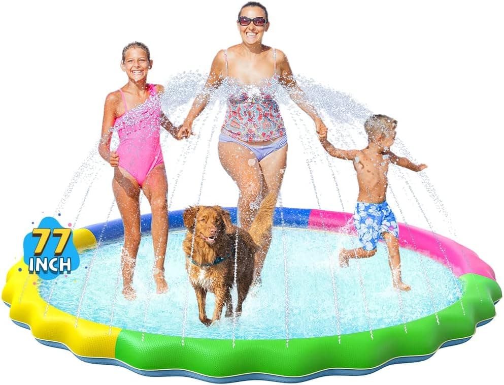 VISTOP Non-Slip Splash Pad for Kids and Dog, Thicken Sprinkler Pool Summer Outdoor Water Toys - Fun Backyard Fountain Play Mat for Baby Girls Boys Children or Pet Dog (77 inch, Red&Yellow&Green&Blue)
