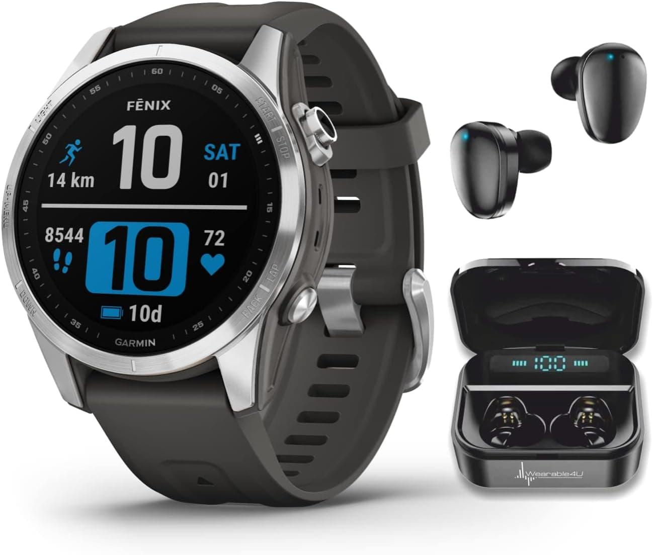 Wearable4U Garmin Fenix 7S 42 mm Multisport GPS Touchscreen Smartwatch, Silver with Graphite Band Black Earbuds Bundle