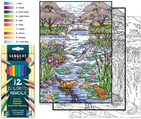Color by Number Poster Set - Pond Life - Includes 12 Coloring Pencils
