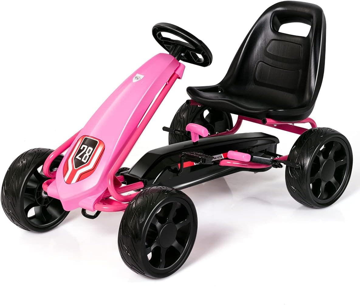 Costzon Pedal Go Kart for Kids, 4 Wheels Pedal Powered Ride on Toy, Outdoor Racer Children's Foot on Riding Car w/Adjustable Seat, Rubber Tires & 2 Brakes for Boys & Girls Age 3 to 8 (Pink)