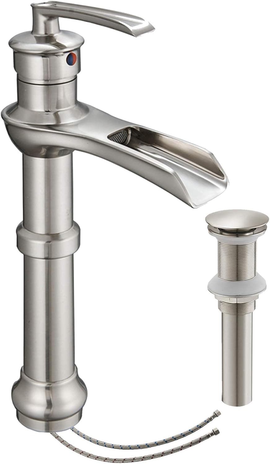 Bathfinesse Bathroom Faucet Brushed Nickel for Vessel Sink Bowl Faucet Single Handle Single Hole with Pop Up Drain Stopper Waterfall Spout Lavatory with Supply Lines Hose Lead-Free