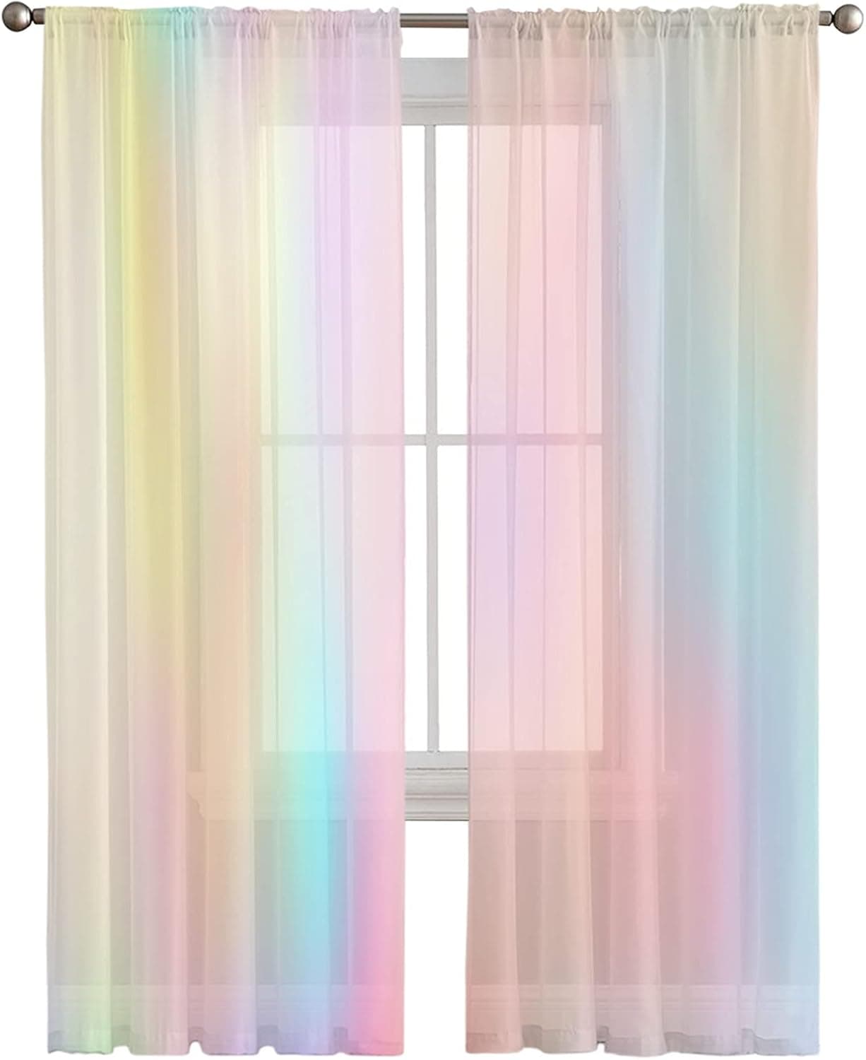 Voile Sheer Curtain Panels 84inches Long, Rainbow, Rod Pocket Semi Sheer Curtains for Bedroom, Living Room, 2 Panel Set Washable Window Curtains & Drapes, Colorful