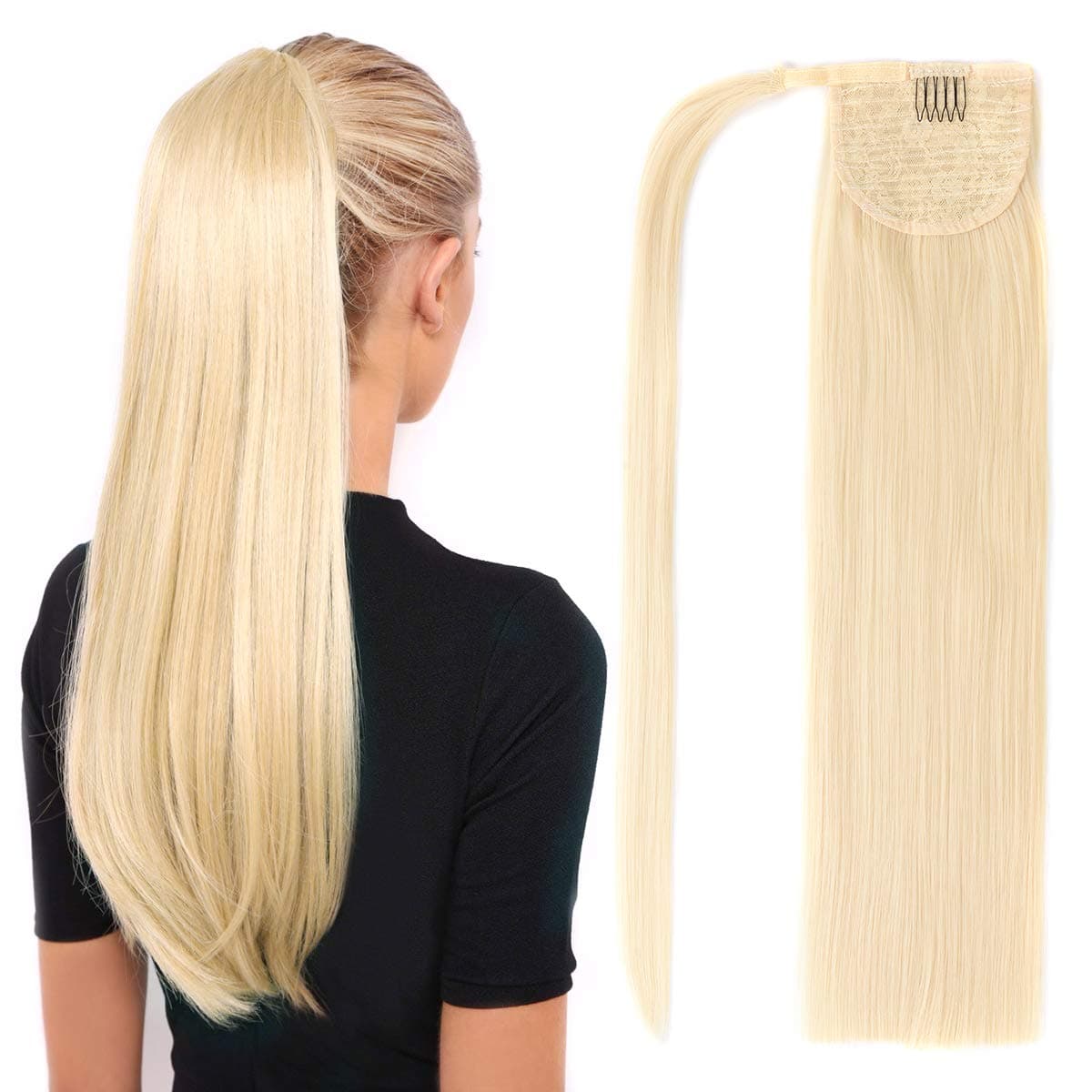 18" Ponytail Hair Extensions Straight Wrap Around Clip in Ponytail Synthetic Hairpiece for Women 100g (Bleach Blonde)