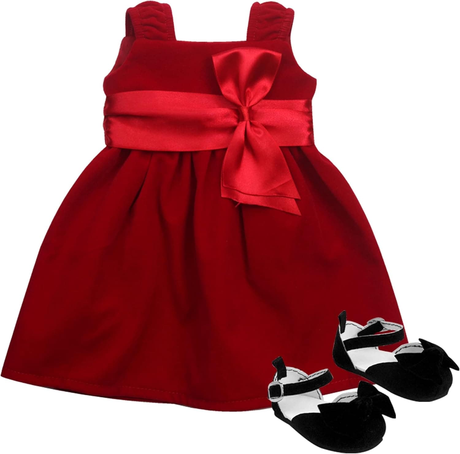 Sophia's Velvet Holiday Party Special Occasion Dress with Satin Ribbon, Vertical Bow, & Gathered Empire Waistline and Shoes for 18” Dolls, Red/Black