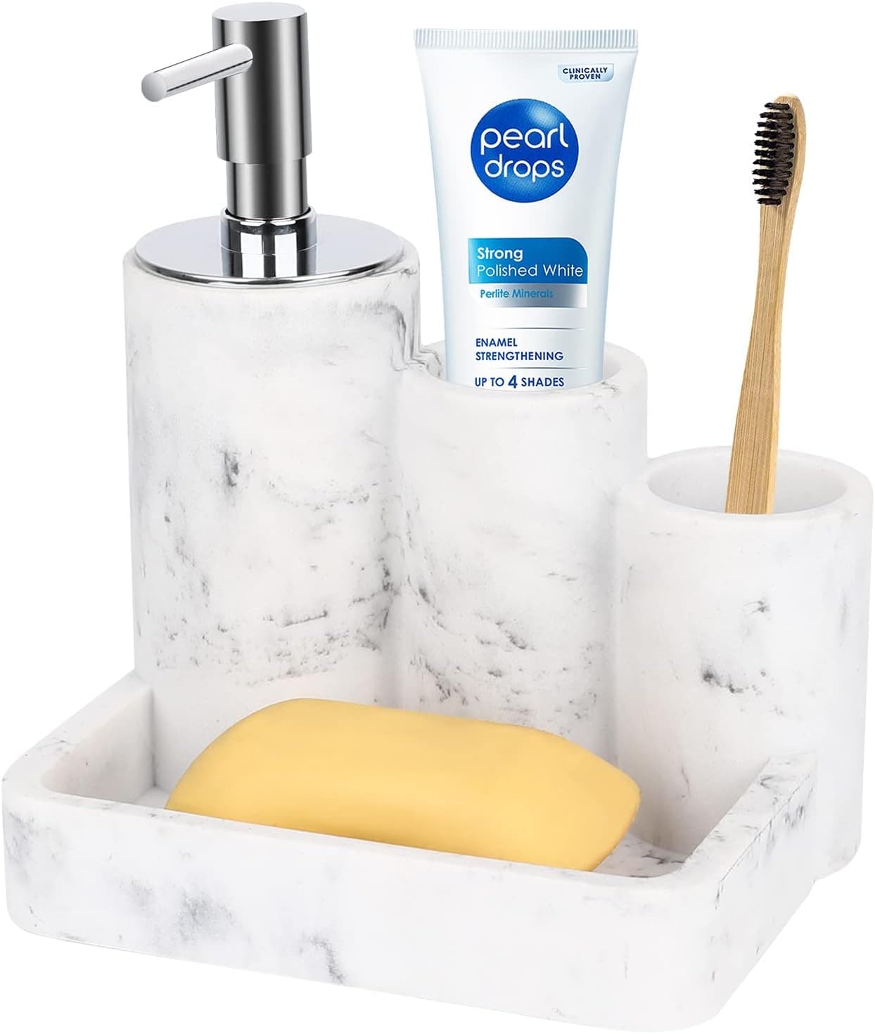 Lotion Pump Dispenser with Soap Sponge Holder-TAUVLL Soap Dispenser Pump Bottle with Brush Holder for Kitchen Sink and Bathroom Countertop Storage and Organization -White Marble
