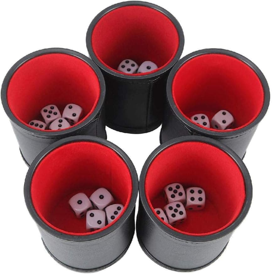 IRONWALLS Bundle of 5 Professional Dice Cup Set Felt Lined Quiet Shaker PU Leather with 25 Six-Sided Dot Dice for Games