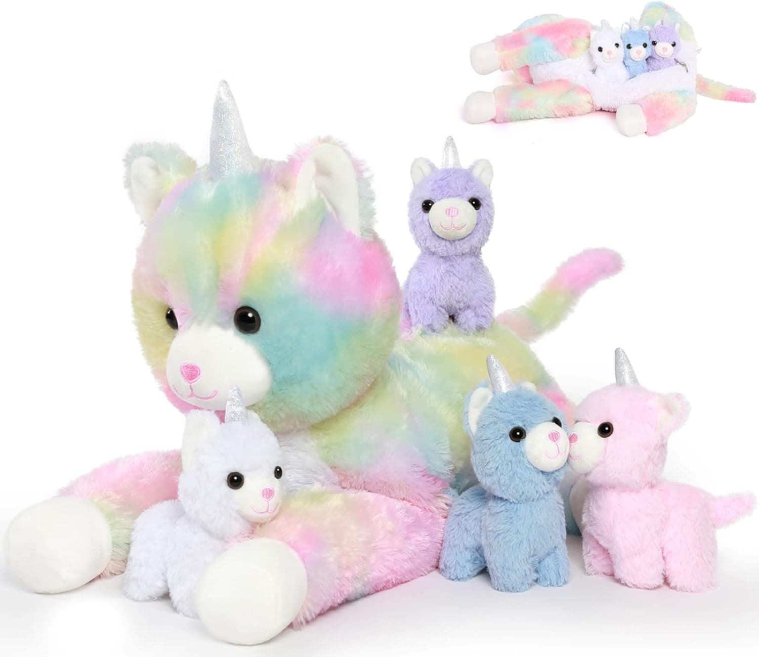 MorisMos Unicorn Kitty Cat Stuffed Animal with Caticorn Babies, 22'' Mommy Cat and 4 Baby Kitten Stuffed Animals, Rainbow Cat Unicorn Plush Pillow, Kitty Unicorn Toy for Girls Boys Birthday Gift