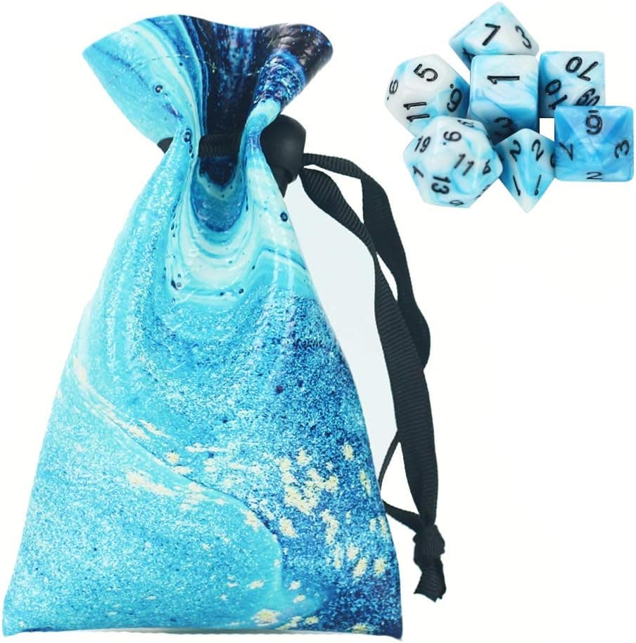 QIELIZI DND Dice Bag Pouch,PU Leather Dragon Dice Pouch Wih 7 Die Set Perfect for Dungeons and Dragons RPG D&D Dices, Coins and Accessories(Blue Quicksand)
