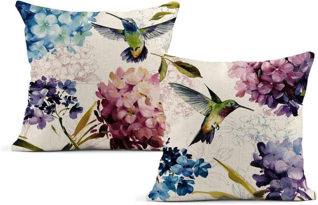 LOKMU Set of 2 Throw Pillow Covers Spring Watercolor Hummingbird Hydrangea Square Linen Home Decorative Cushion Covers Pillowcases for Outdoor Bed Sofa Bar Wedding Couch Family 18x18 inches