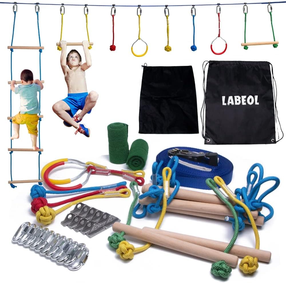 Ninja Warrior Obstacle Course for Kids Obstacle Course Outdoor Slackline and Obstacle Course 44 Feet Kit Adjustable Position Outdoor Play Equipment Line for Kids Backyard Obstacle Labeol