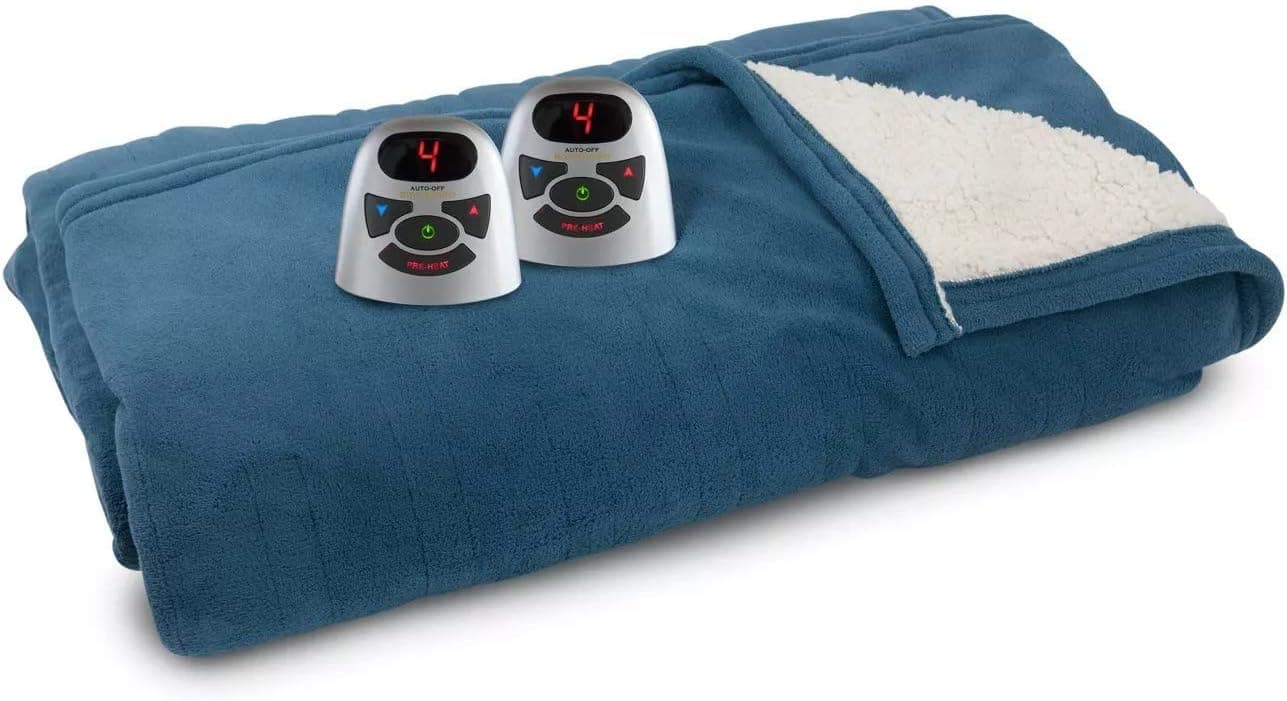 Biddeford Blankets Classic Sherpa Micro Plush Electric Heated Blanket with Digital Controller, King, Metallic Blue