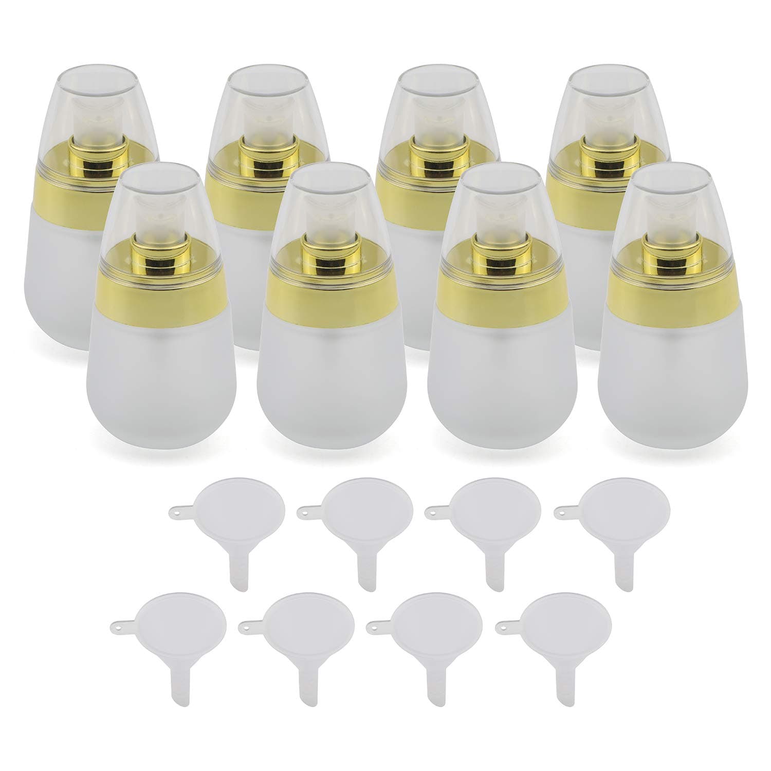 Kesell 8Pcs 30ml 1oz Upscale Empty Refillable Frosted Glass Pump Press Bottle Egg Shaped Pressing Jar Golden Edge Cosmetic Container with Clear Cap and Funnel for Lotion Emulsion Facial Essence