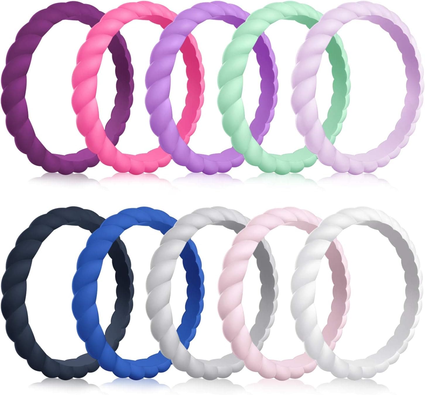 MOKANI Silicone Wedding Ring for Women, 10/4/1 Pack Thin and Braided Rubber Band, Fashion, Colorful, Comfortable fit, Skin Safe