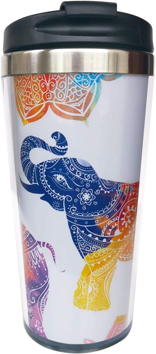 Hasdon-Hill Mehndi Elephants Travel Mugs With Wrap And Turquoise Lid, Stainless Steel Coffee Mug For Women Men Dad Mom Birthday Friends Gifts 12 Oz