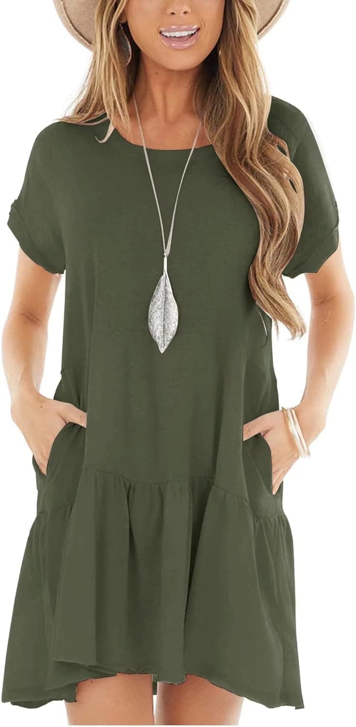 Minclouse Women's Short Sleeve Flowy Swing T Shirt Dress Baby Doll Cute Casual Pockets Dresses