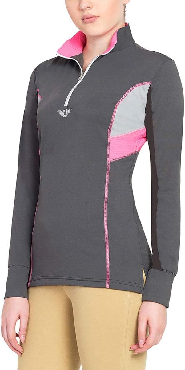 TuffRider Women's Neon Ventilated Mock Zip Long Sleeve Sport Shirt | Women Horse Riding Polo Shirt
