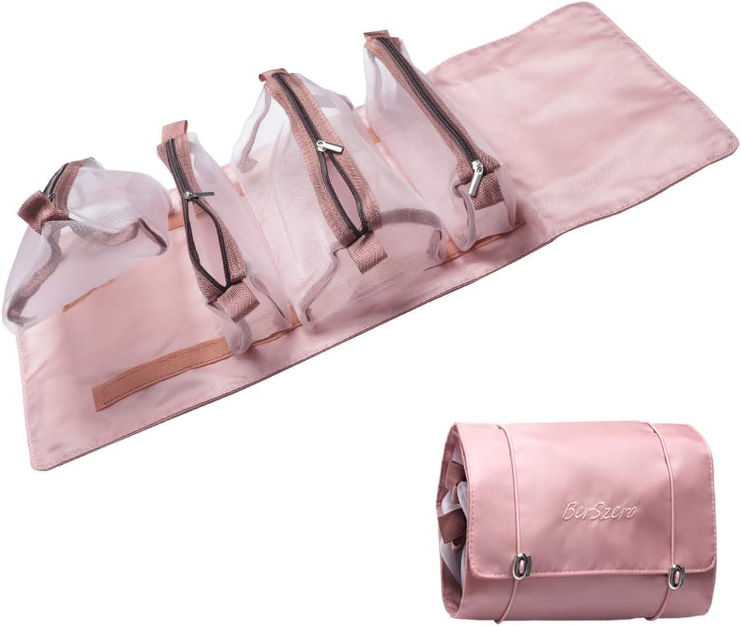 BerSzero Portable makeup bag Travel Toiletry Bag Cosmetic Organizer Cosmetic Bag Case Organizer Pouch with Mesh Bag Brush Holder Make Up Toiletry Bags for Women and girl (Pink)