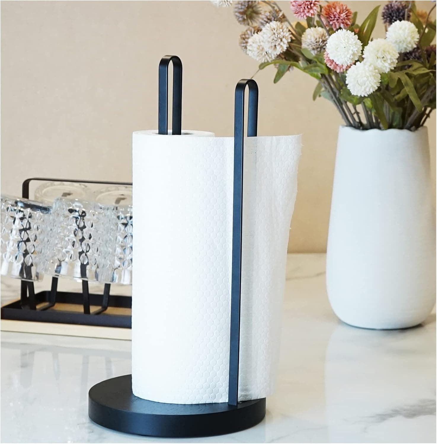 Paper Towel Holder,Black Paper Towel Holder Countertop,Wooden Paper Towel Holder Stand,Kitchen Paper Towels Holder,Easy Tear Standing Paper Towel Holder Paper Towel Rack