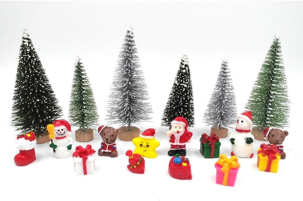 EMiEN 19 Pieces Christmas Miniature Ornament Kits Set for DIY Fairy Garden Dollhouse Decoration,Santa,Christmas Trees,Small Bear,Snowman, Red Socks,Gift Bags,Star for Children
