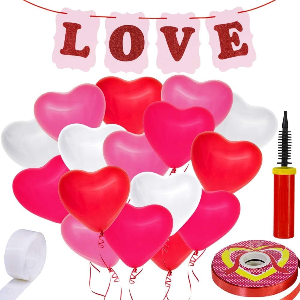 Supla Valentine's Day Party Decorations Set - 42 Heart Shaped Balloons Latex Balloons 1 LOVE Letters Banner Sign Red Curling Balloon Ribbon Red Satin Ribbon with Hand Inflator Pump Double Sided Glue Dots for Party Photo Booth Backdrop