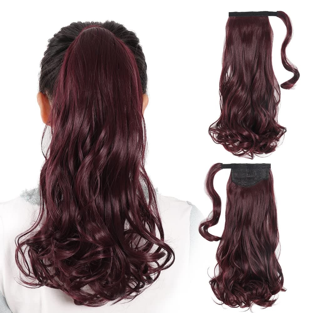 Ponytail Extensions NJJYXH 16 Inch Curly Wavy Clip Wrap Around Pony Tails Hair Extension Fluffy¬ Tangled Synthetic Ponytail Hairpieces for Women(Wine Red)