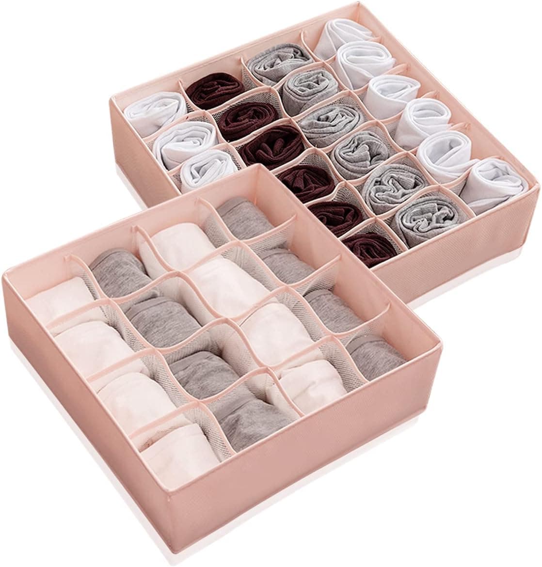 2 Pack Sock Organizer Underwear Organizer, 40 Cell Sock Drawer Organizer Fabric Foldable Cabinet Closet Organizers and Storage Boxes for Socks, Underwear, Tie, Belt, Baby Clothes(16+24 Cell, Pink)